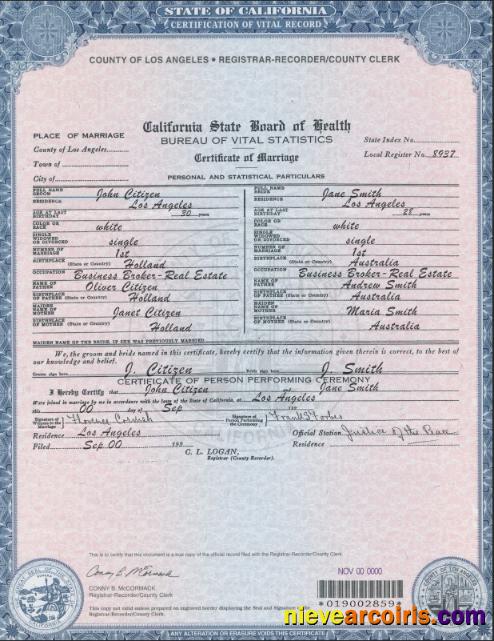 USA California Marriage Certificate